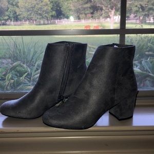 Gray Suede Block-Heel Booties
